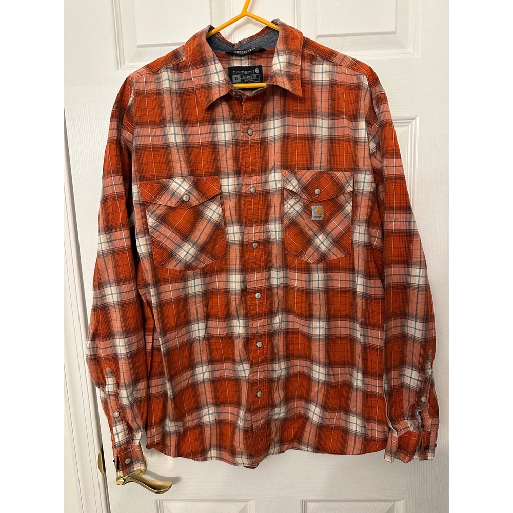 Carhartt Rugged Flex Plaid Snap Front Shirt Mens XL Relaxed Fit Orange White